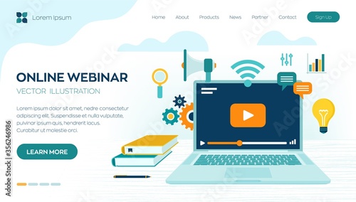 Webinar. Internet conference. Web based seminar. Distance Learning. E-learning Training business concept. Video tutorials. Online courses. Workplace and working on laptop. Vector illustration.