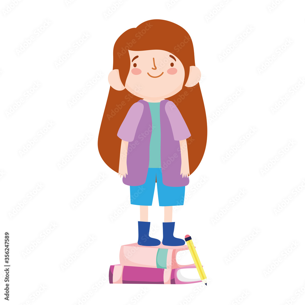 online education student girl standing on books and pencil cartoon online education student girl standing on books and pencil cartoon