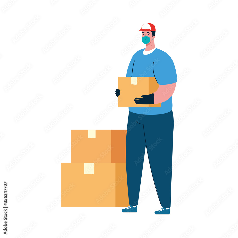 man with mask and box design, Safe delivery logistics and transportation theme Vector illustration man with mask and box design, Safe delivery logistics and transportation theme Vector illustration