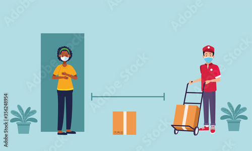 delivery service worker wearing medical mask and box
