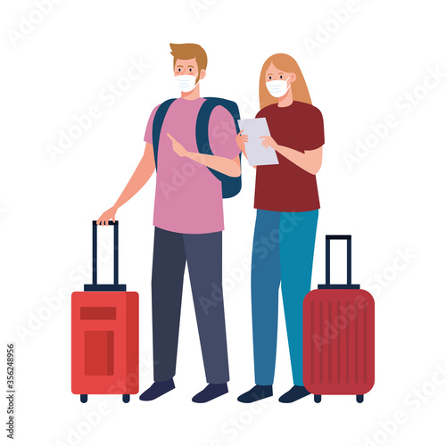 woman and man with medical masks and bags design, Cancelled flights travel and airport theme Vector illustration