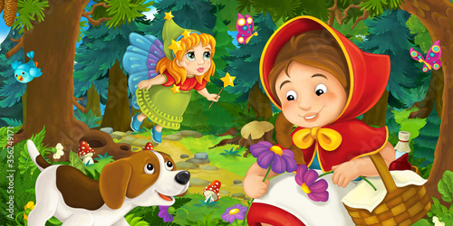 Fototapeta Naklejka Na Ścianę i Meble -  cartoon scene with young girl and happy dog in the forest going somewhere and fairy flying over - illustration