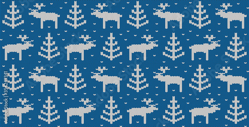Hand-knitted seamless pattern. Blue winter sweater with deers, Christmas trees, and snowflakes. Editable ornament.