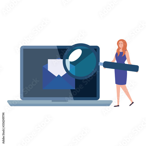 Envelope on laptop and woman avatar with lupe design, Message email mail and letter theme Vector illustration