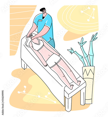 Vector flat illustration reception of osteopath in office. Image shows process manual treatment patient s head, neck region. Concept alternative medicine, osteopathy, and chiropractic.