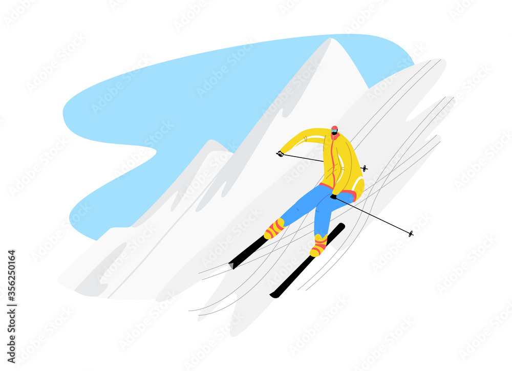 Vector flat illustration happy man riding down mountain. Concept of mountains, winter hikes, travel, extreme sports. Vector flat illustration happy man riding down mountain. Concept of mountains, winter hikes, travel, extreme sports.