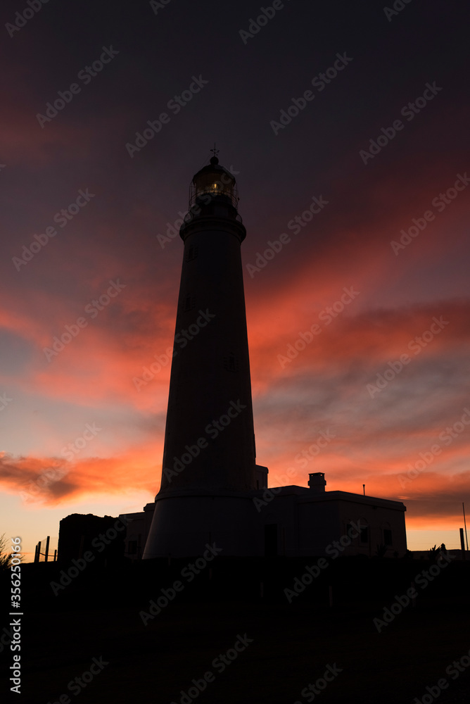 Lighthouse of Cabo de Santa Maria, located in La Paloma, Uruguay; at sunset