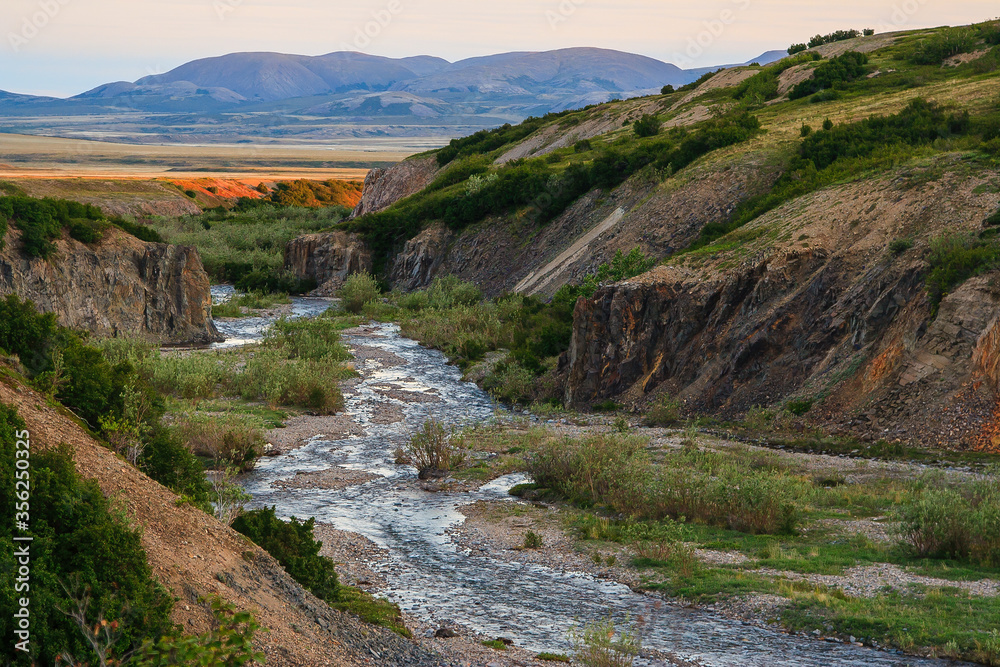 Summer landscape with a river in the gorge among the rocks and tundra. Wilderness beyond the Arctic Circle, located away from settlements. Hiking to the far north. Chukotka, Siberia, Far East Russia.