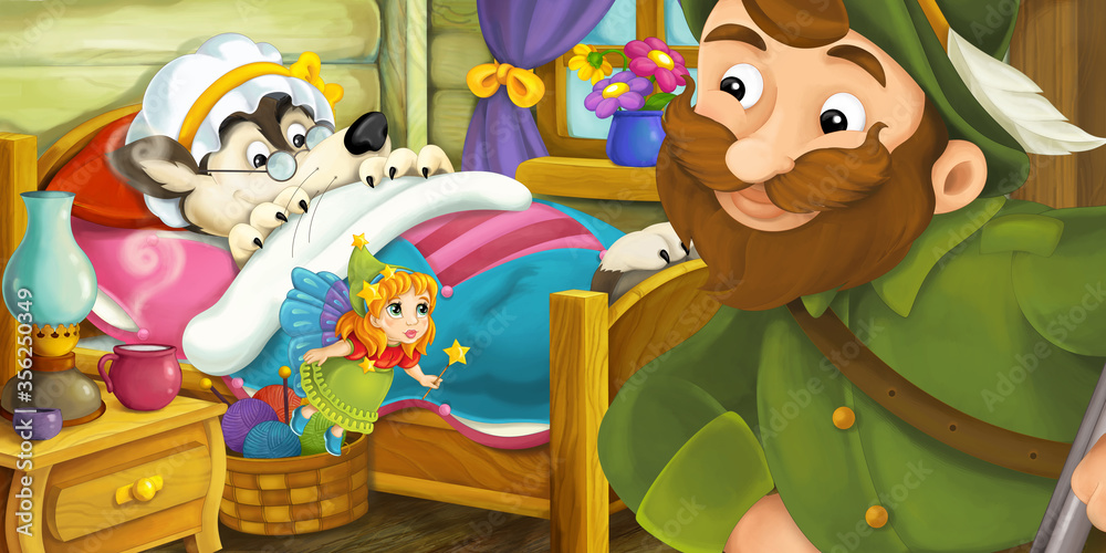 Φωτογραφία Cartoon scene of girl wolf and flying fairy in the room - illustration