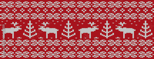 Christmas background, hand-knitted seamless pattern. Red winter sweater texture. Editable cozy warm realistic banner.
