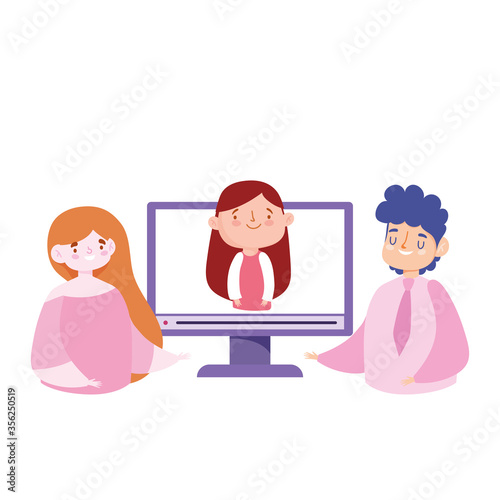 online education teacher female and male with student girl computer