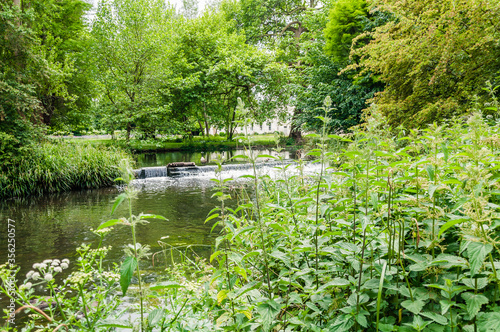 Morden, London, England, United Kingdom - 9 June 2015:.View of the River Wandle and weir, Morden Hall Park, London.
