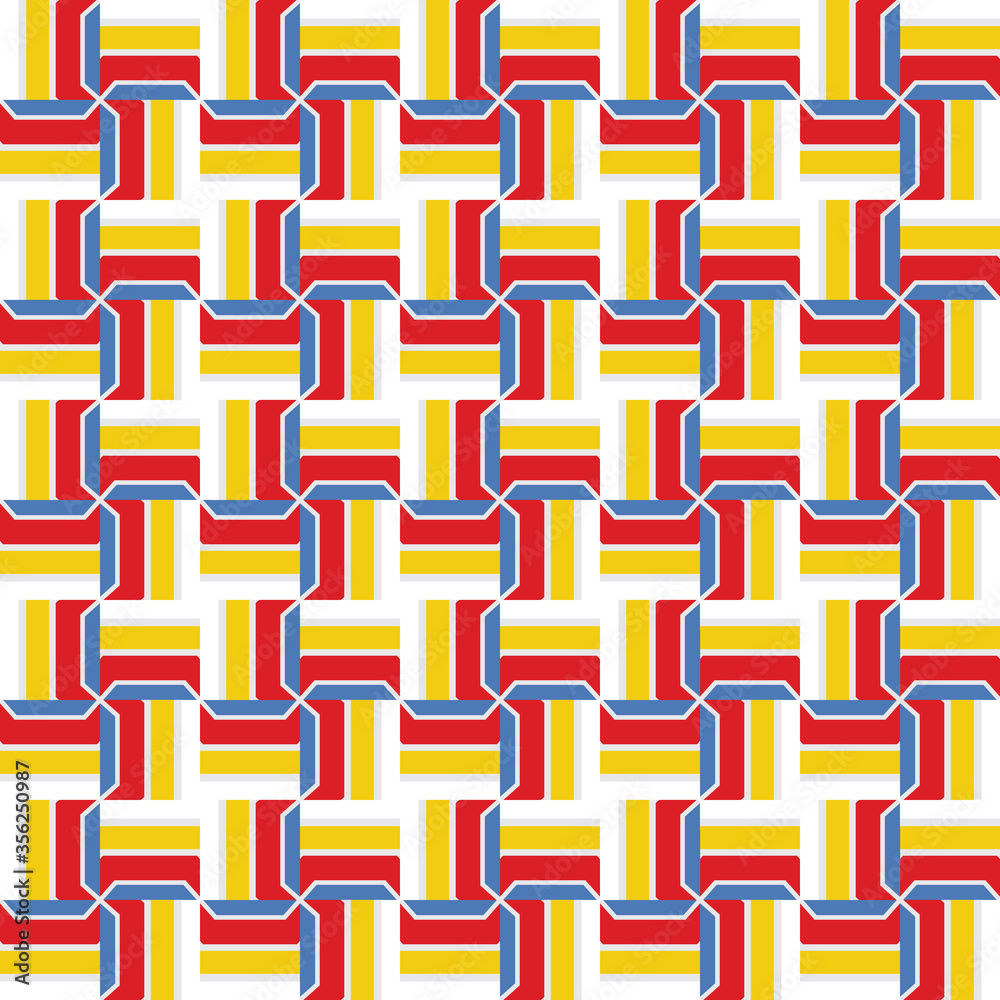 Vector seamless pattern texture background with geometric shapes, colored in yellow, blue, red, white colors.