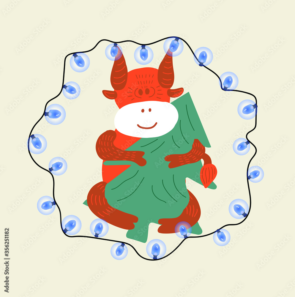 Cute orange bull with evergreen christmas tree and lighting blue garland. Christmas and Chinese New year 2021. Hand drawn illustration for greeting cards, posters. Web element. 