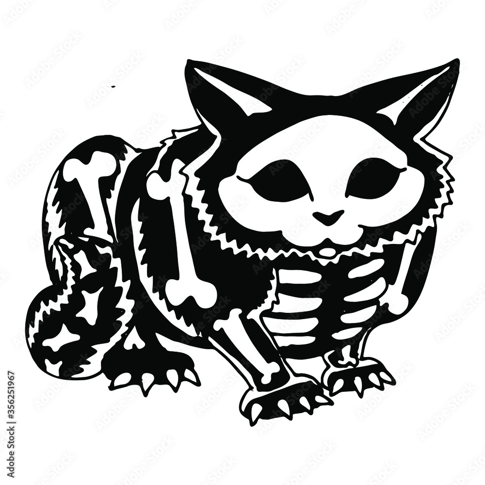 Halloween cat with bones and skeleton texture vector illustration.