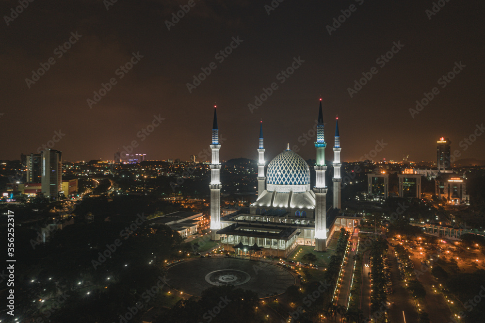 Aerial Photo of Shah Alam Mosque during night