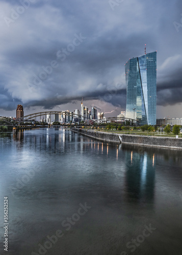Thunderstorm and lightning over Frankfurt skyline 