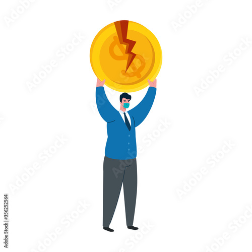 businessman with mask and broken coin design of bankruptcy and covid 19 virus theme Vector illustration