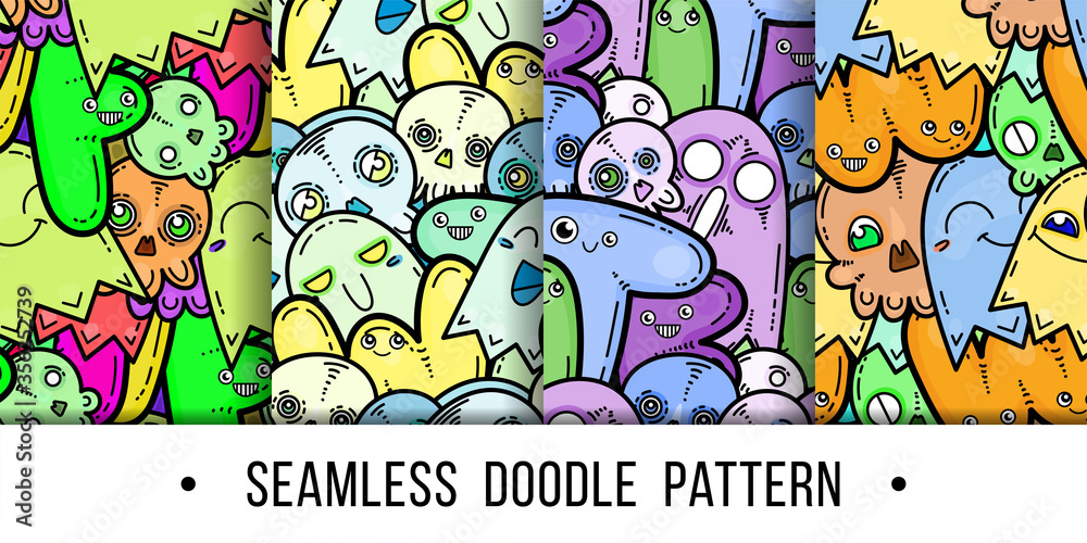 Set of kawaii seamless patterns of friendly doodle monsters,cute and fun variety of colors animals
