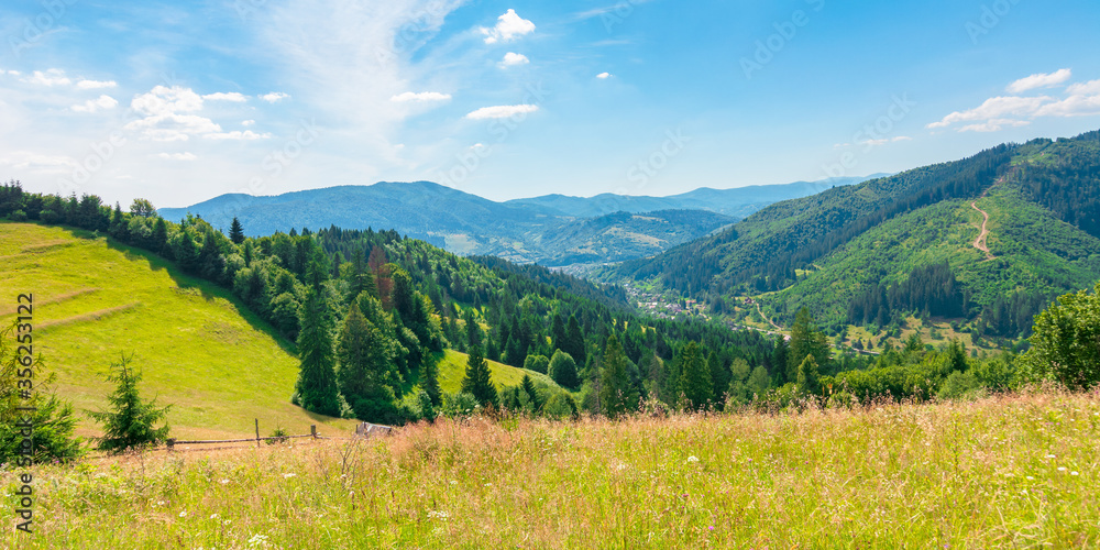 fields and meadows of countryside  in summer. idyllic mountain scenery on a sunny day. grass covered hills rolling in to the distant ridge beneath a bright blue sky with fluffy clouds