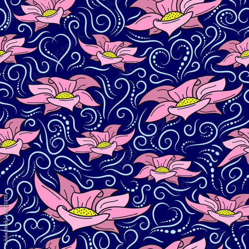 seamless pattern with pink flowers on a dark blue background with doodles. Desgned for printing on fabric.