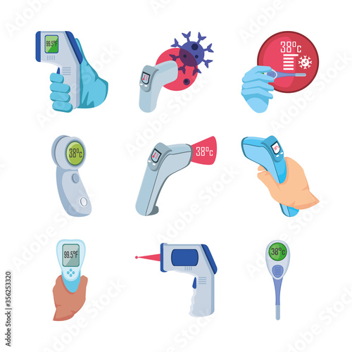set of icons checking temperature coronavirus on white background