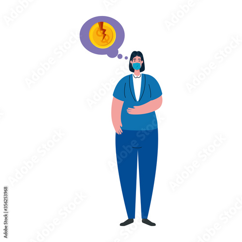 woman with mask and broken coin design of bankruptcy and covid 19 virus theme Vector illustration