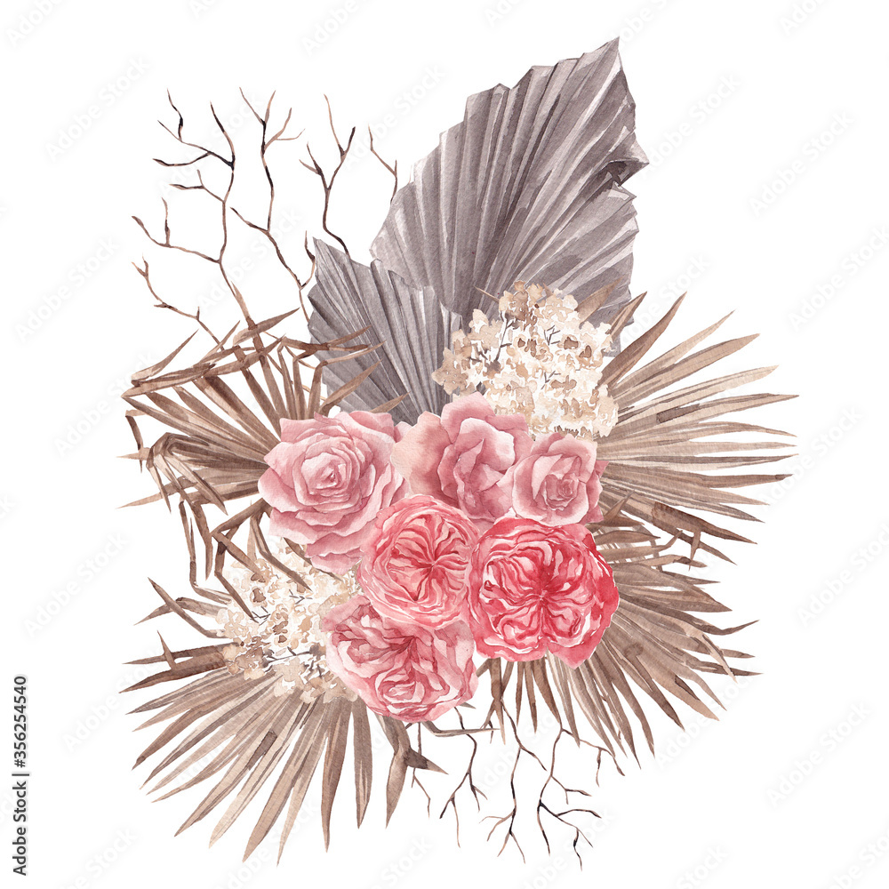 Fototapeta premium Boho bouquet with watercolor hand draw flowers, rose, pampas grass, palm leaves, branches, isolated on white background