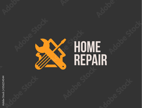 Home repair logo. House fixing tools emblem. Garage toolbox icon. Wrench and screwdriver sign. Mending and renovation. Maintenance service symbol. Isolated labour force equipment vector illustration