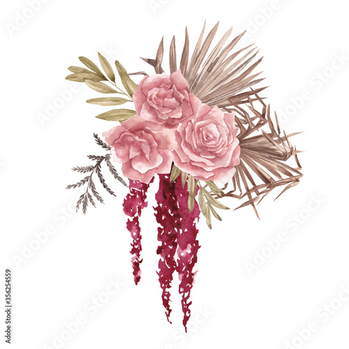 Fototapeta Naklejka Na Ścianę i Meble -  Boho bouquet with watercolor hand draw flowers, rose, pampas grass, palm leaves, branches, isolated on white background