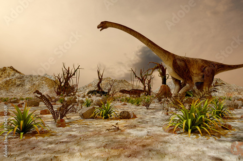 Dinosaur. Prehistoric Jungle, landscape, valley with Dinosaurs. 3d render photo