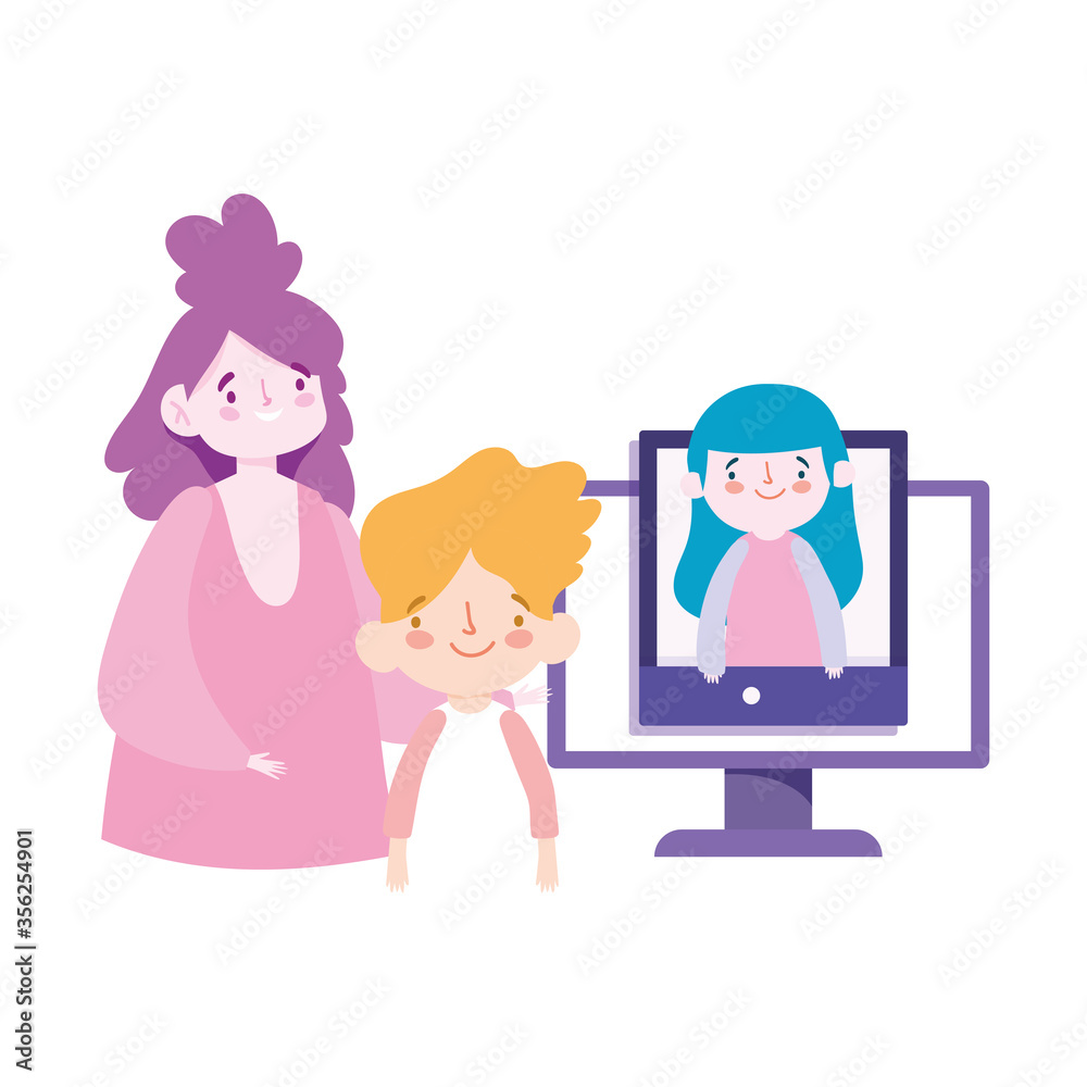 online education teacher and little students boy and girl computer smartphone online education teacher and little students boy and girl computer smartphone