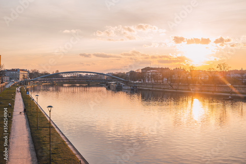 Vistula river in Krakow overlooking the Jewish Quarter at sunset