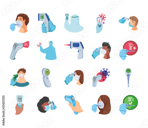 set of icons checking temperature coronavirus on white background