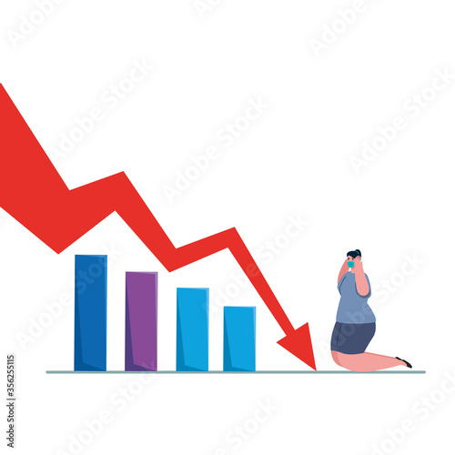 woman with mask and decrease arrow design of bankruptcy and covid 19 virus theme Vector illustration