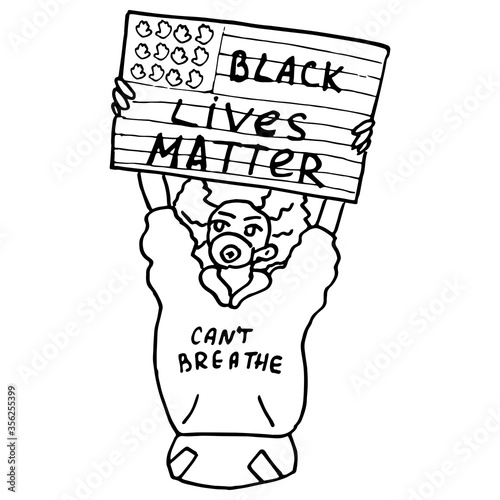 Black lives matter text on white isolated backdrop. Woman blm activist for invitation or gift card, social banner, news blog, flyer. Phone case or cloth print. Doodle style stock vector illustration