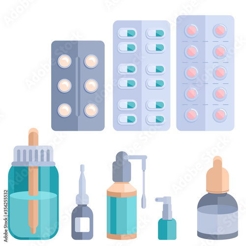 Medications sticker set on white isolated backdrop. Nasal drops for social banner, web element, health care and medical poster. Online chemist shop, info card. Flat style stock vector illustration