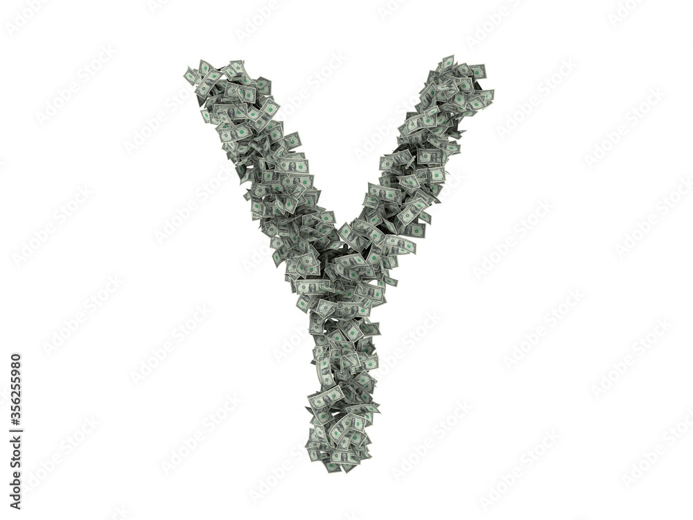 Letter from dollars. Alphabet isolate on white background. 3d rendering Letter from dollars. Alphabet isolate on white background. 3d rendering