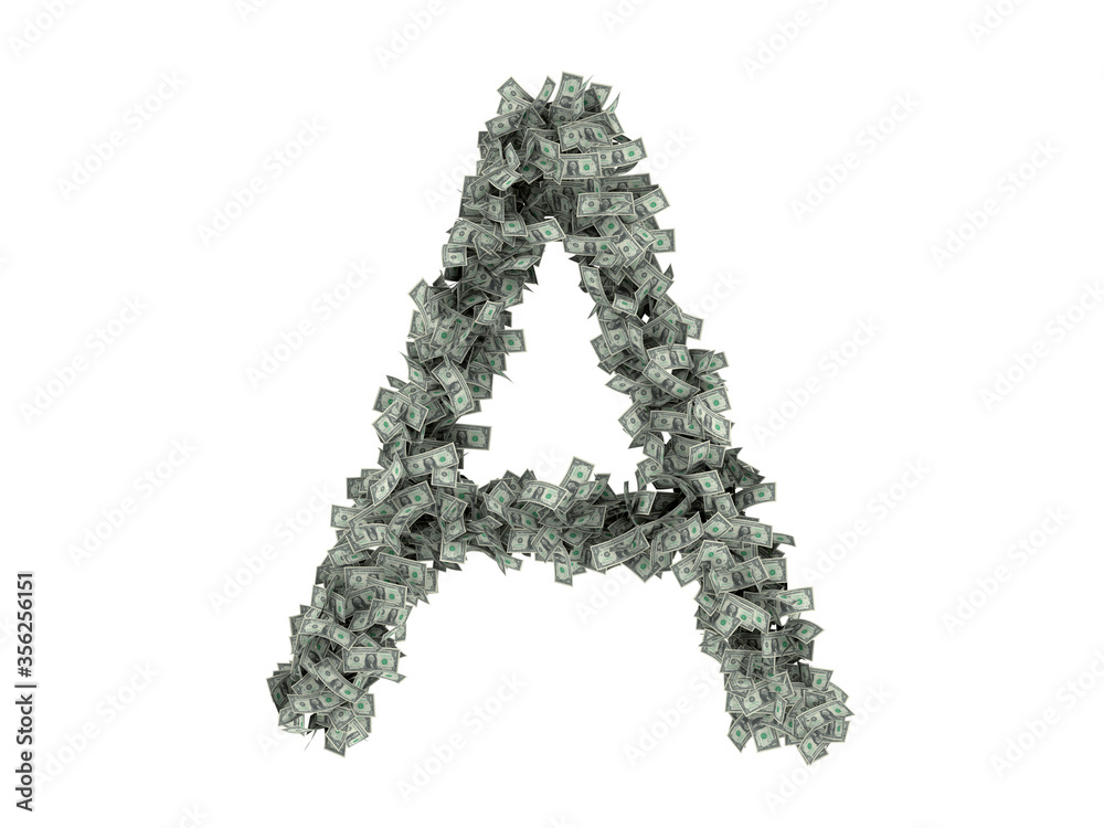 Letter from dollars. Alphabet isolate on white background. 3d rendering Letter from dollars. Alphabet isolate on white background. 3d rendering