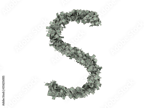 Letter from dollars. Alphabet isolate on white background. 3d rendering