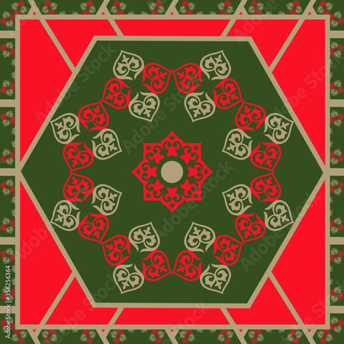 Template for your design with ornamental elements and motifs of Kazakh, Kyrgyz, Tatar national Asian decor for packing,  banner, flyer and print design. Workpiece for your design. 