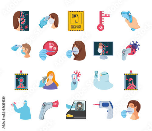 set of icons checking temperature coronavirus on white background