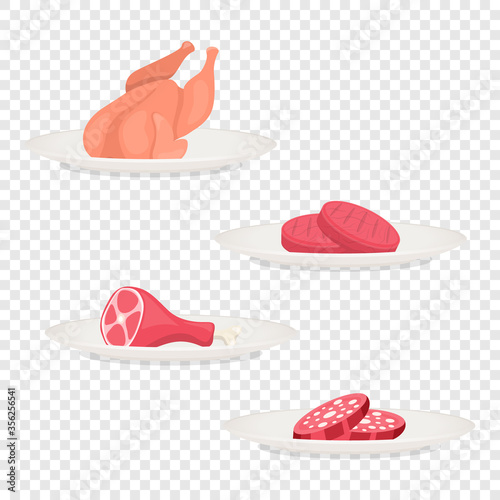 Vector Fresh Pieces of Raw Meat, Chicken, Sausage, Ham, Steak on Plate Icon Set Isolated in Cartoon Style. Food, BBQ Concept, Design Template for Menu, Meal Shop. Front View