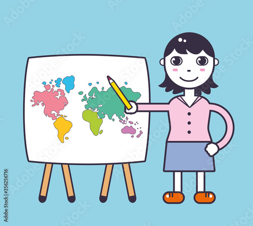 Young woman teacher or student showing on a white board with a world map. Geography lesson.