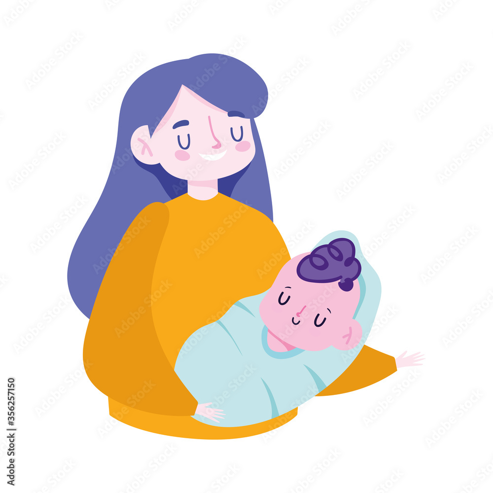 young mother carrying a her baby son cartoon, family day young mother carrying a her baby son cartoon, family day