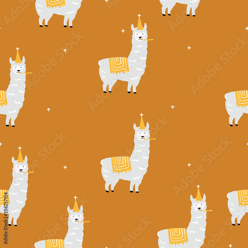 Seamless pattern with cute llama and orange background. Birthday pattern. Vector hand drawn illustration.
