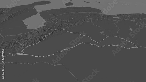 Barinas, state with its capital, zoomed and extruded on the bilevel map of Venezuela in the conformal Stereographic projection. Animation 3D photo