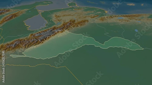 Barinas, state with its capital, zoomed and extruded on the relief map of Venezuela in the conformal Stereographic projection. Animation 3D photo