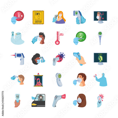 set of icons checking temperature coronavirus on white background