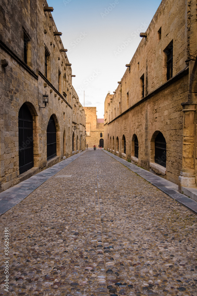 Rhodes, Greece - May 31, 2018.  Street of the Knights in Rhodes old town, street is leading to the Grand Master Palace in The Medieval Old Town of the City of Rhodes